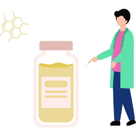 Boy is standing next to the chemical jar  Illustration
