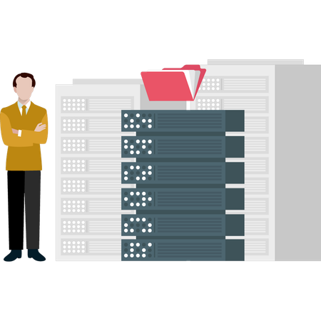 Boy is standing next to the database server  Illustration
