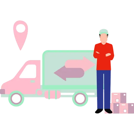 Boy is standing next to the delivery truck  Illustration