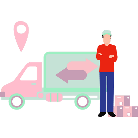 Boy is standing next to the delivery truck  Illustration