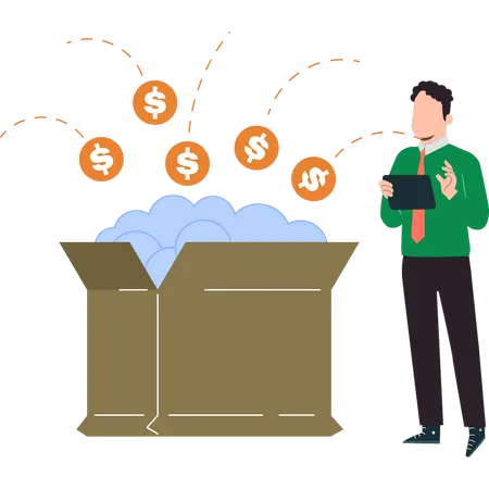 Boy is standing next to the funding box  Illustration