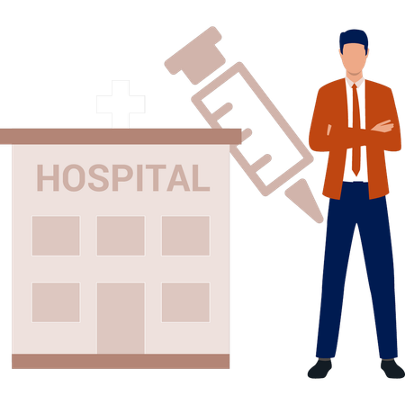 Boy is standing next to the hospital building  Illustration