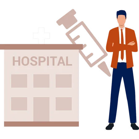 Boy is standing next to the hospital building  Illustration