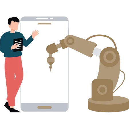 Boy is standing next to the mobile operated by robot hand  Illustration