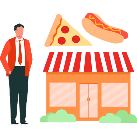 Boy is standing next to the restaurant  Illustration