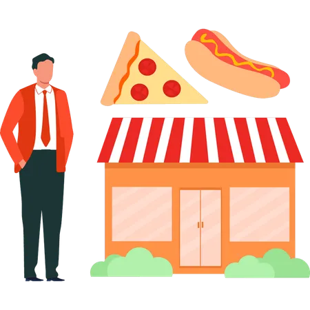 Boy is standing next to the restaurant  Illustration