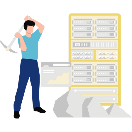 Boy is standing next to the server storage  Illustration