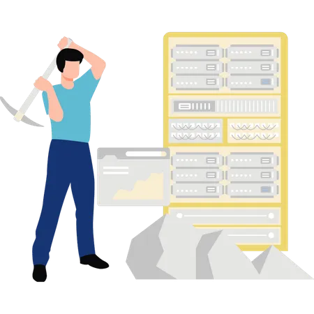 Boy is standing next to the server storage  Illustration