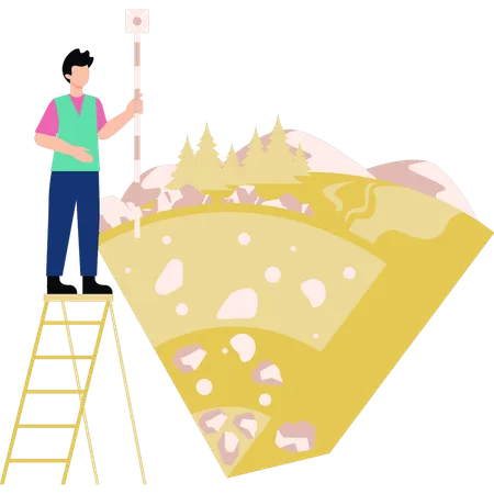 Boy is standing on the ladder  イラスト