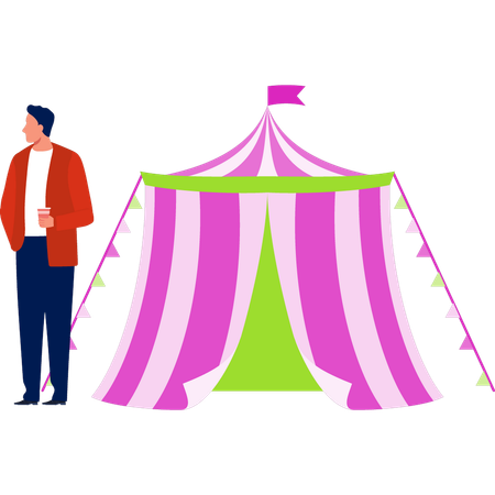 Boy is standing outside of a tent  Illustration