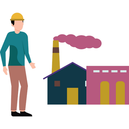 Boy is standing outside the factory  Illustration