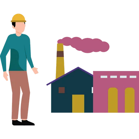 Boy is standing outside the factory  Illustration