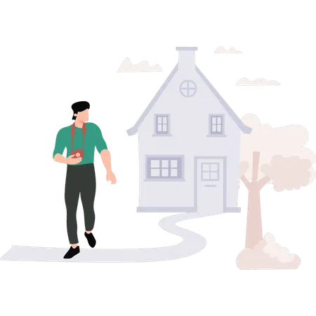 The Boy Is Standing Outside The House Illustration