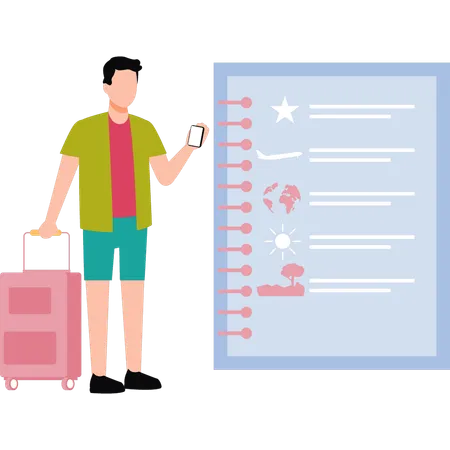 Boy is standing with a suitcase  イラスト