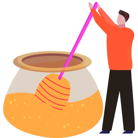 Boy is stirring honey in a pot  Illustration