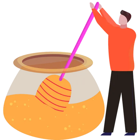 Boy is stirring honey in a pot  일러스트레이션