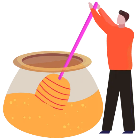 Boy is stirring honey in a pot  Illustration