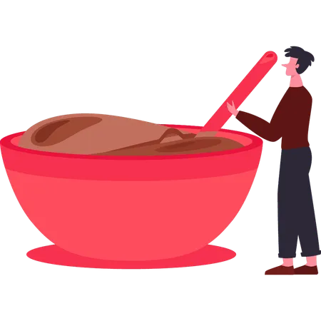 Boy is stirring the melted chocolate  Illustration