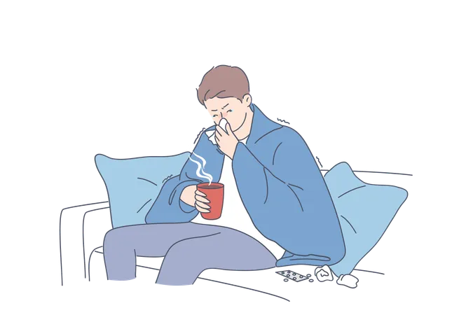 Flu Fever Infection Concept Sad Man Cartoon Character Sitting On Sofa In Warm Blanket With Hot Drink And Feeling Ill Sick And Flu Sneezing Vector Illustration Illustration