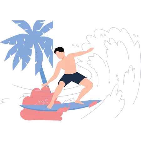 Boy is surfing on sea water  Illustration
