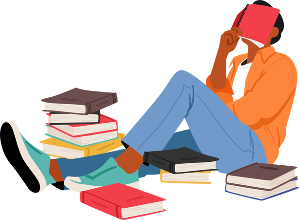 Boy is surrounded by pile of books  Illustration