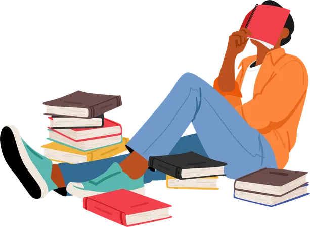 Boy is surrounded by pile of books  Illustration