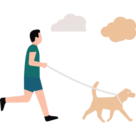 Boy is taking his dog for a walk  Illustration