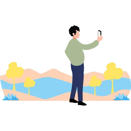 The Boy Is Taking Selfie In Outdoors Illustration