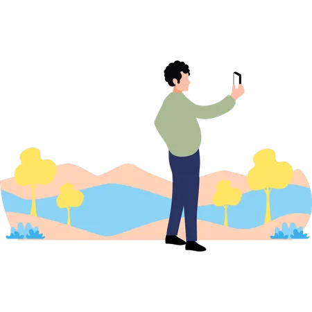 Boy is taking selfie in outdoors  Illustration