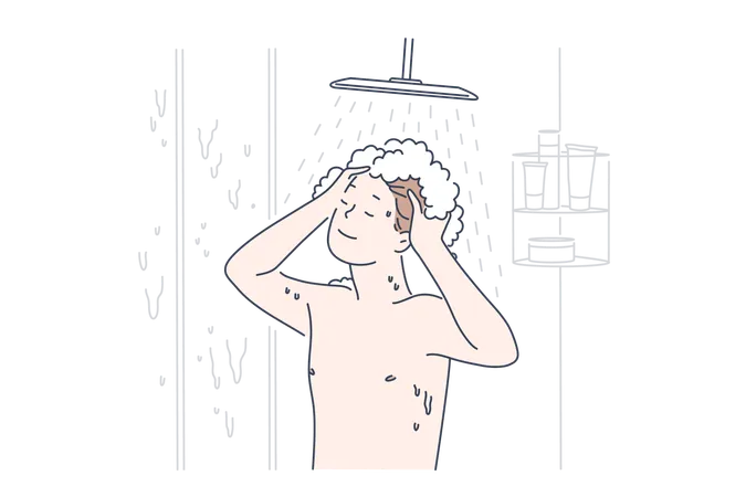 Personal Hygiene And Cleanliness Daily Body Care Routine Bathroom Habit Concept Man Washing Hair With Shampoo Taking Shower Guy Enjoying Water And Bath Procedure Simple Flat Vector Illustration