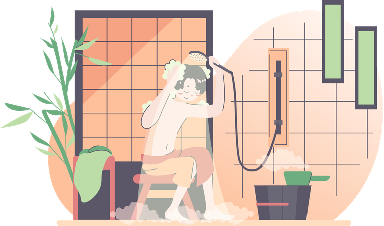 Boy is taking shower in bathroom  イラスト