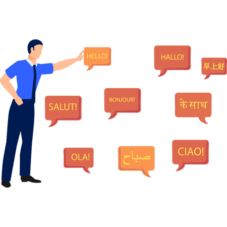 Boy is talking about all the foreign greeting phrases  イラスト
