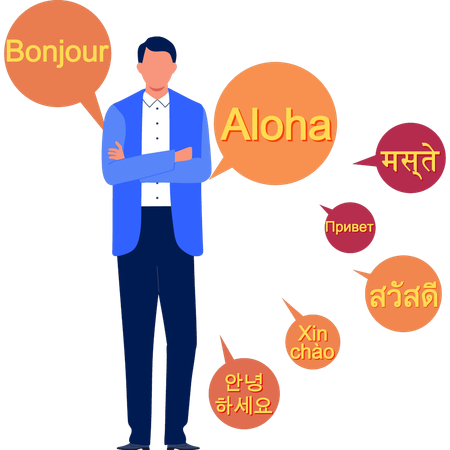 Boy is talking about foreign languages ​​for communication  イラスト