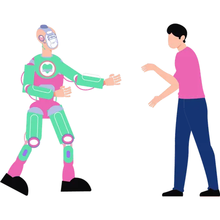 The Boy Is Talking To The Humanoid Robot Illustration