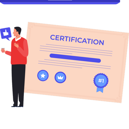 Boy is telling about online certification  イラスト