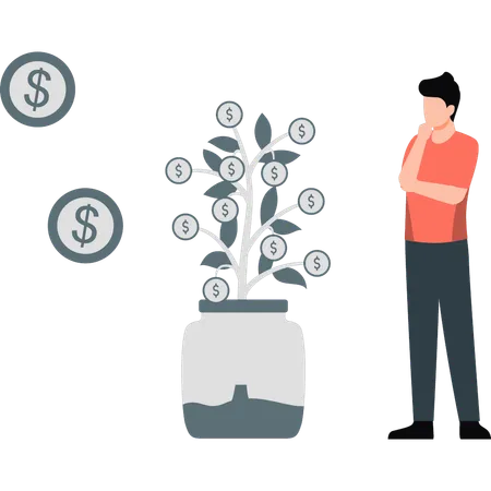 Boy is thinking about dollar plant  Illustration
