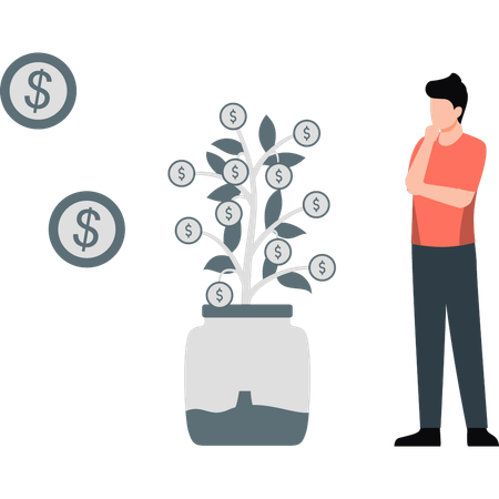 Boy is thinking about dollar plant  Illustration