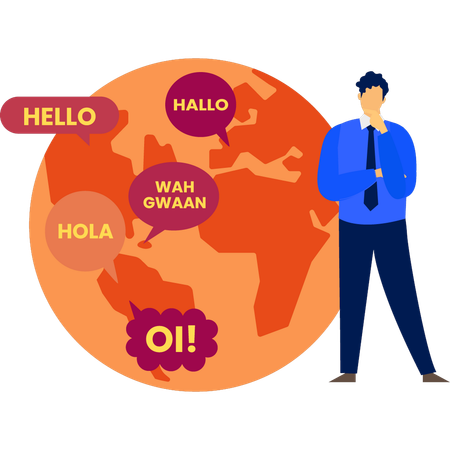 Boy is thinking about the foreign languages  イラスト