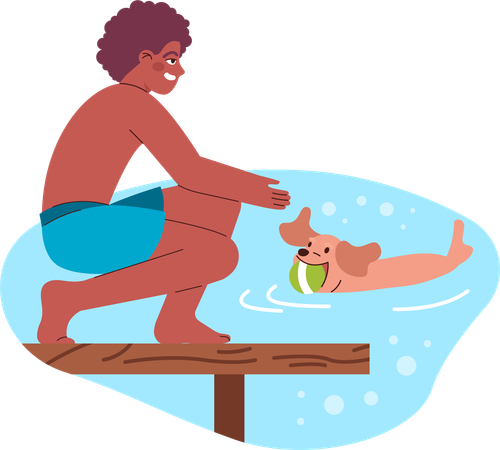 Boy is throwing ball in water while dog brings it  イラスト