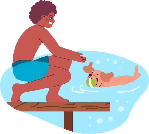 Boy is throwing ball in water while dog brings it  Illustration