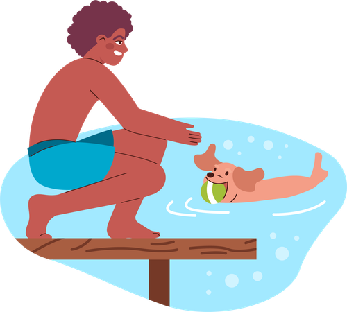 Boy is throwing ball in water while dog brings it  Illustration