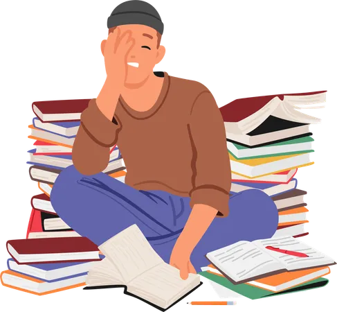 Tired Sad Student Surrounded By Towering Stacks Of Books Feeling Overwhelmed By The Vast Knowledge And Academic Demands Seeking Solace Amidst The Maze Of Literature Cartoon Vector Illustration Illustration
