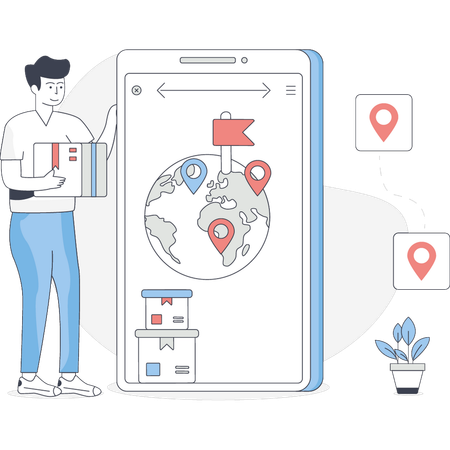 Boy is tracking parcel location  Illustration