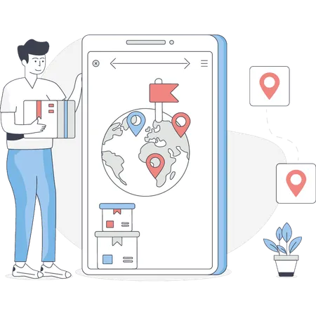 Boy is tracking parcel location  Illustration