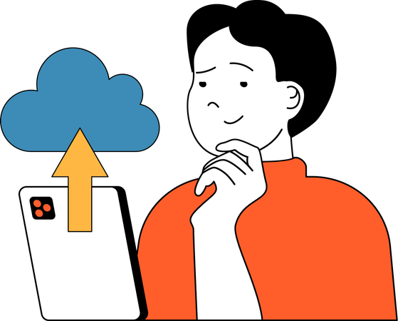 Boy is uploading mobile data on cloud  Illustration