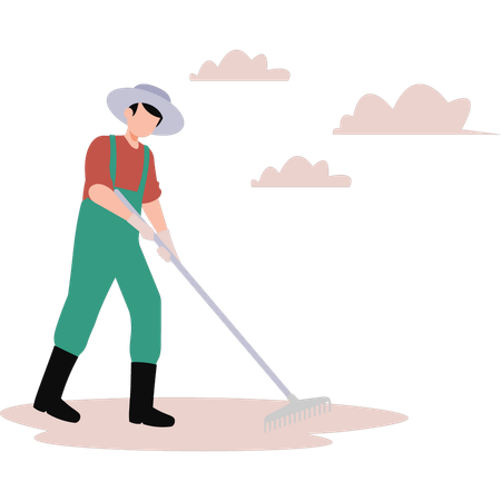 Boy is using a rake on the lawn  Illustration