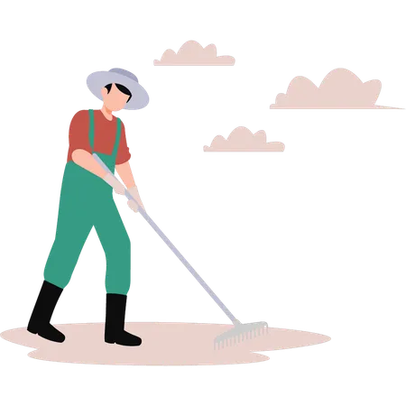 A Boy Is Using A Rake On The Lawn Illustration