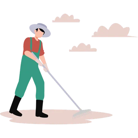 Boy is using a rake on the lawn  Illustration