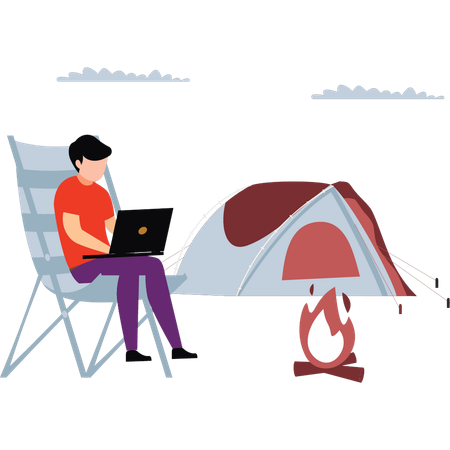 Boy is using laptop on camping  Illustration