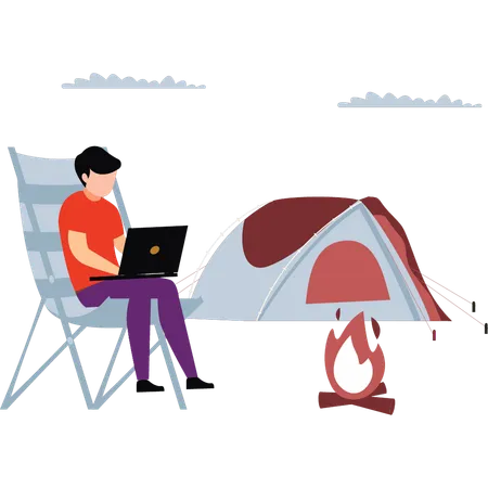 The Boy Is Using Laptop On Camping Illustration